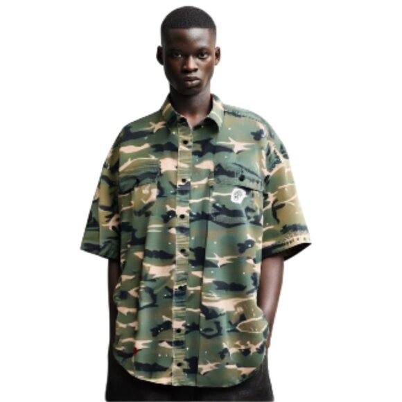 Hustle Gang Short Sleeve Green Tan Camo Button Down Shirt Size: 2X - Picture 4 of 10